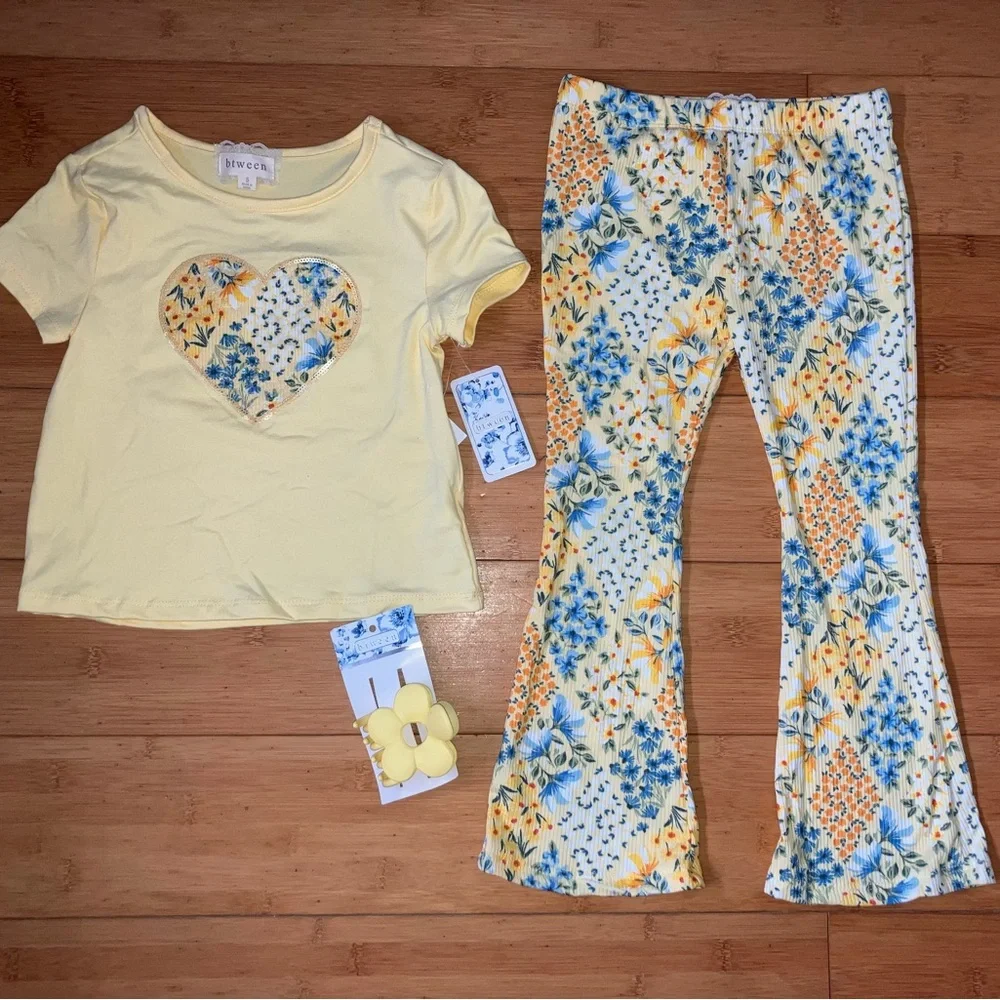 NWT Girls Size 5 Yellow Patchwork Heart Outfit - Top Shirt & Flare Pants Set - Picture 2 of 2